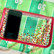 Load image into Gallery viewer, Game day clear stadium approved bag perfect for Chiefs games in Kansas City.  This red and yellow purse is great gift idea for women who love football accessories.
