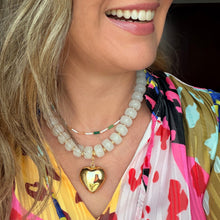 Load image into Gallery viewer, Colorful resin bead statement necklace with removable large gold heart charm and tarnish resistant clasp makes a perfect gift or accessory for date night
